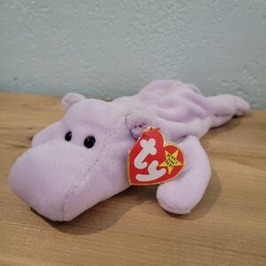 TY Lilac Hippo Plush with Heart Tag
